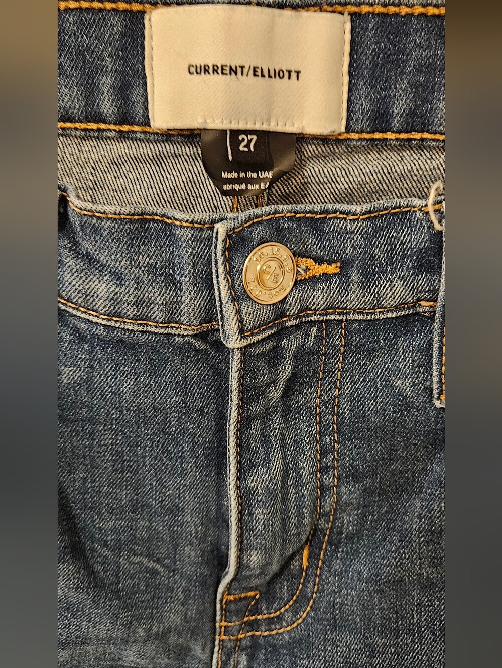 Current/Elliott Womens Slim Jeans — Medium Blue Denim with Frayed Bottoms